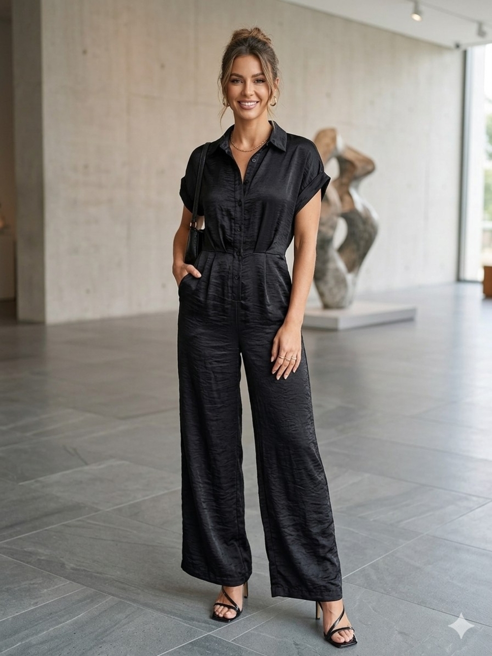 Steve Madden Black Satin Short-Sleeve Wide-Leg Jumpsuit
